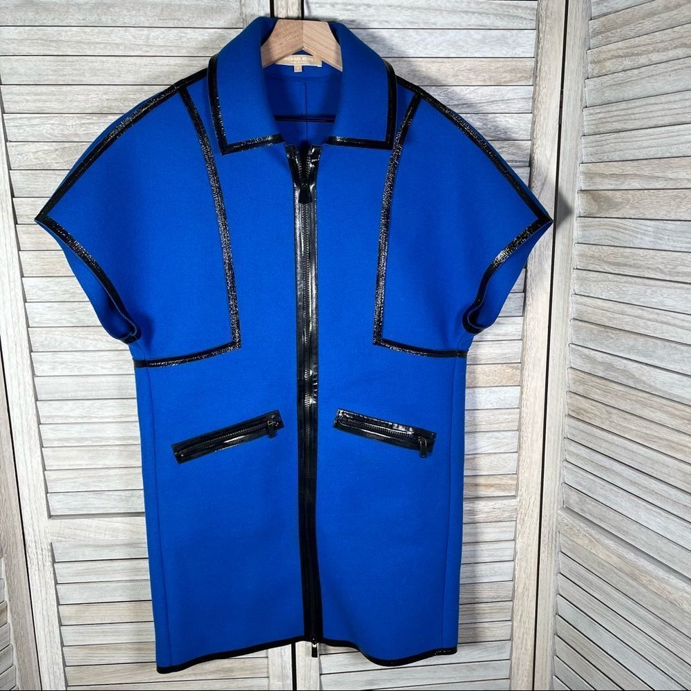 MICHAEL Michael Kors Electric Blue Zip-Front Mini Dress with Black Trim
